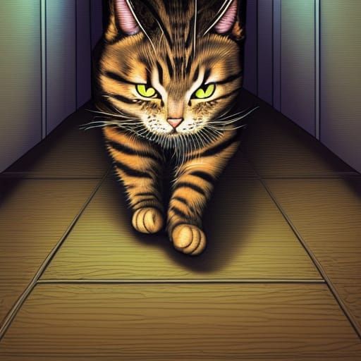 Photorealistic Cat Looks Around Corner