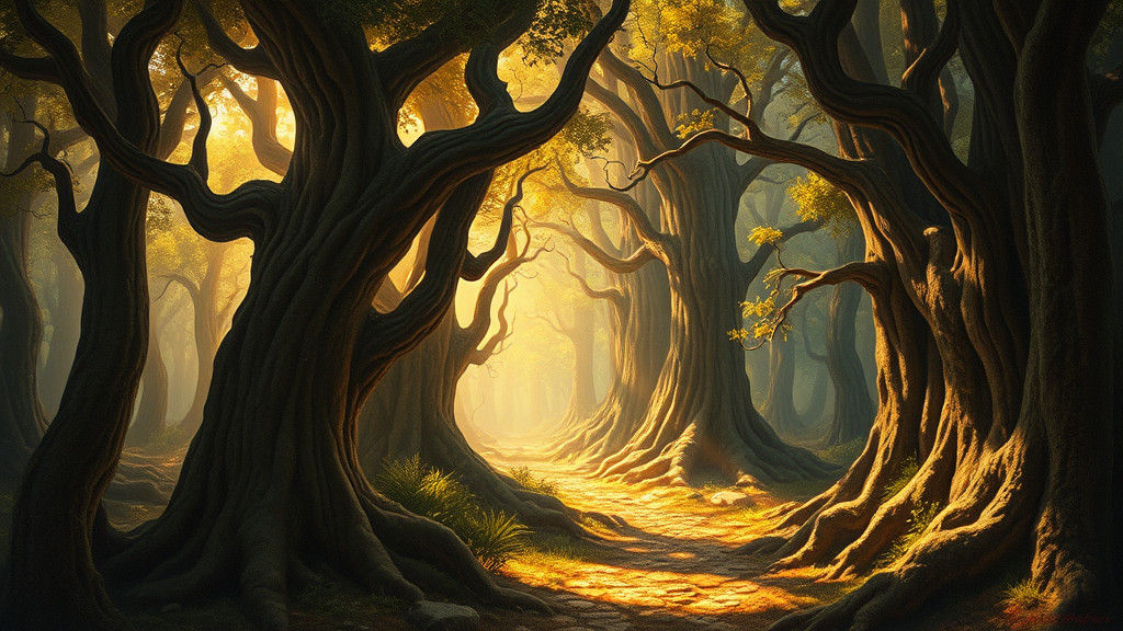 Mystical Forest Scene in Oil Painting Style