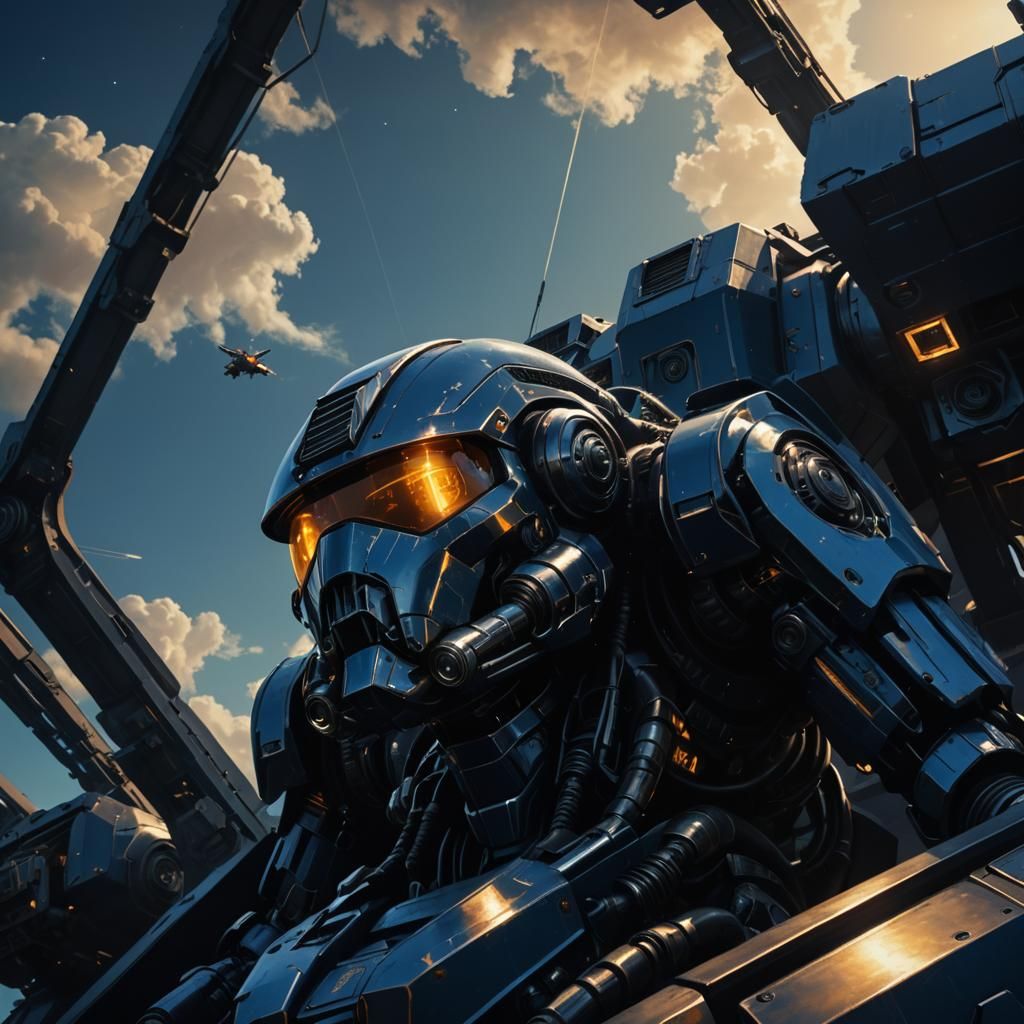 Giant Mech in Dark Blue Sky: Mecha Art