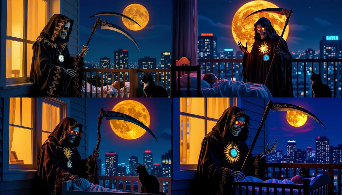 Grim Reaper Reaching for Baby: Hyperrealistic Photo