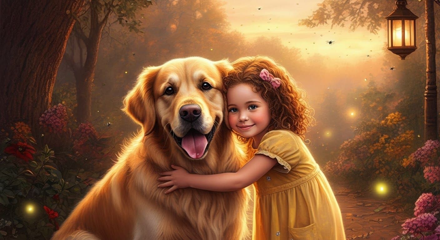 Girl and Dog Embrace in Warm Light