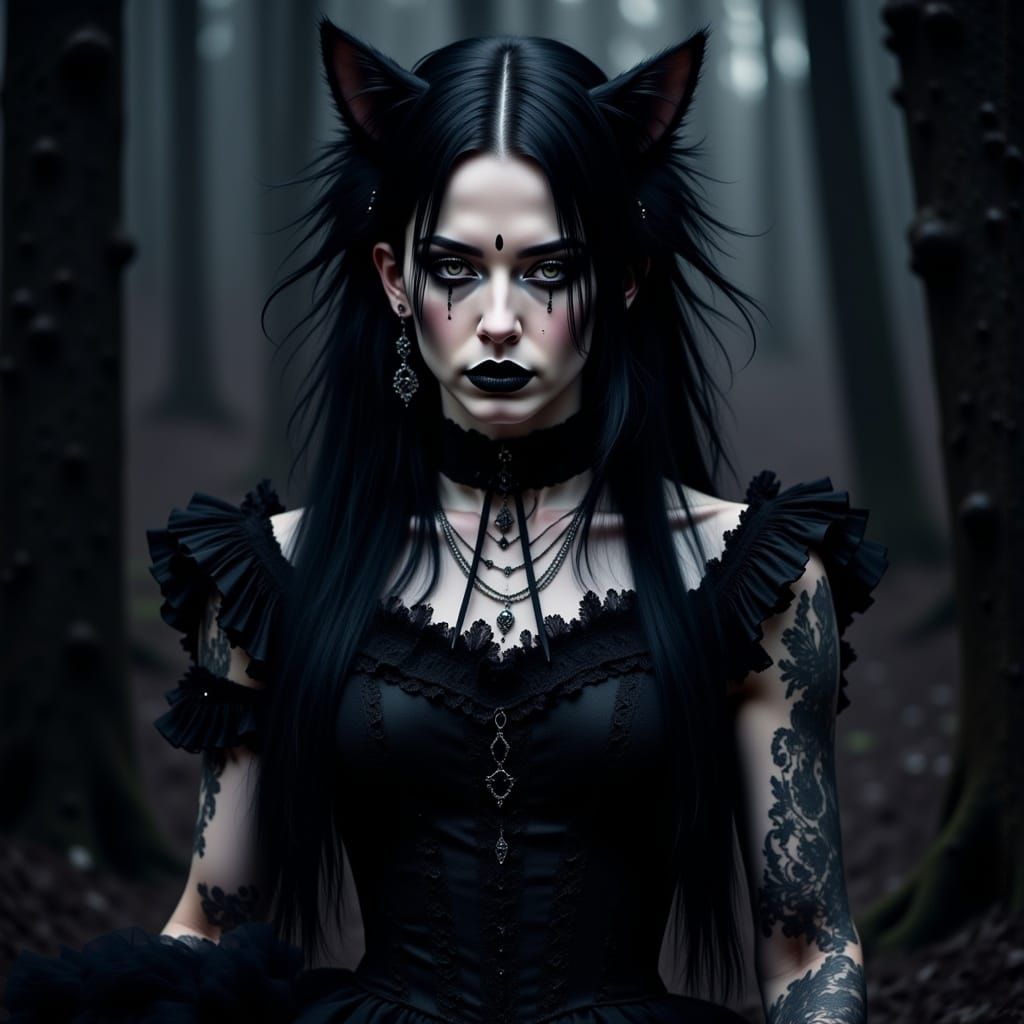 Gothic Feline in Black Lace Gown