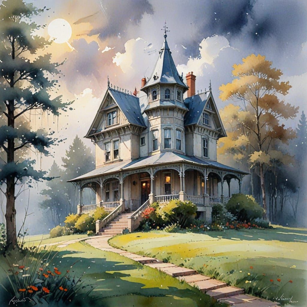 Victorian Home Watercolour Painting in Dreamlike Style