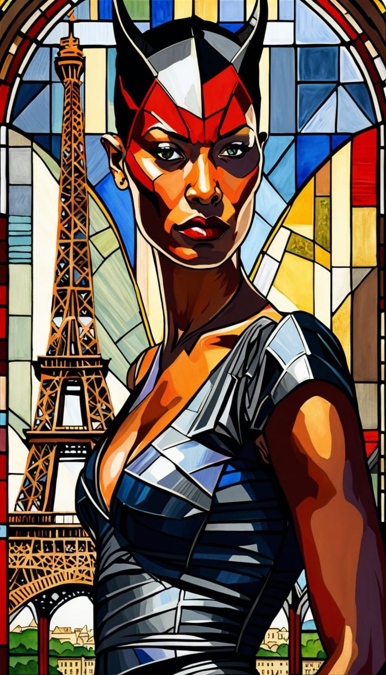 Creole Woman in Cyberpunk Armor with Stained Glass