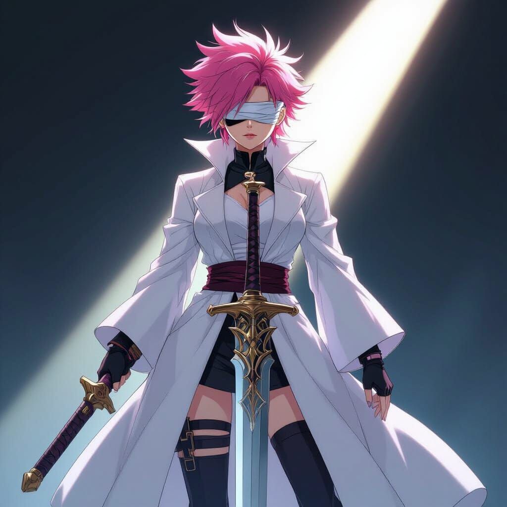Anime Warrior Woman with Pink Hair and Blindfold