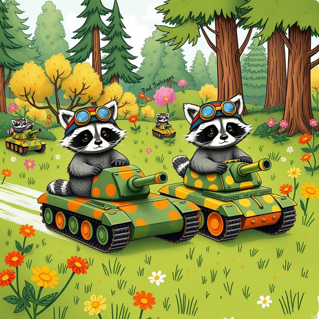 Whimsical Raccoons Command Tanks in a Lush Park