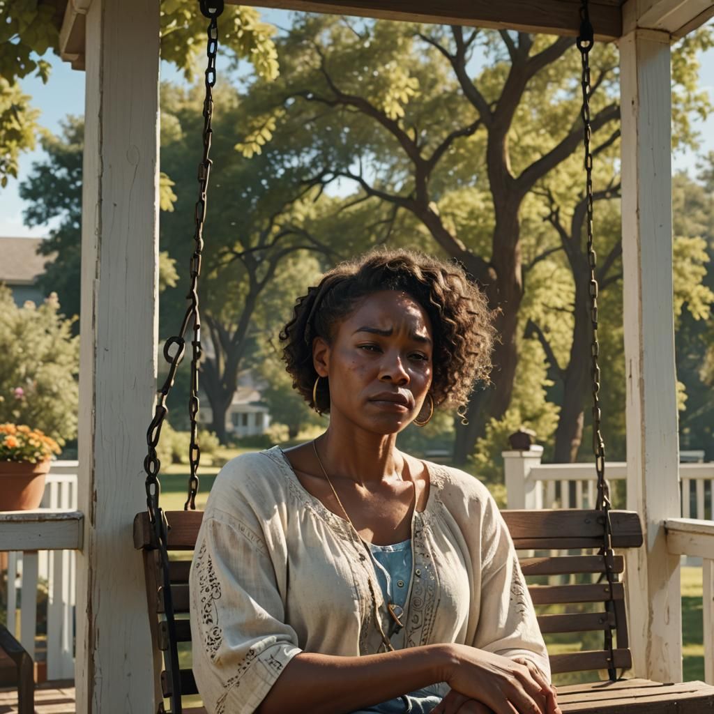 Sad Woman on Porch Swing in Hyperreal 3D