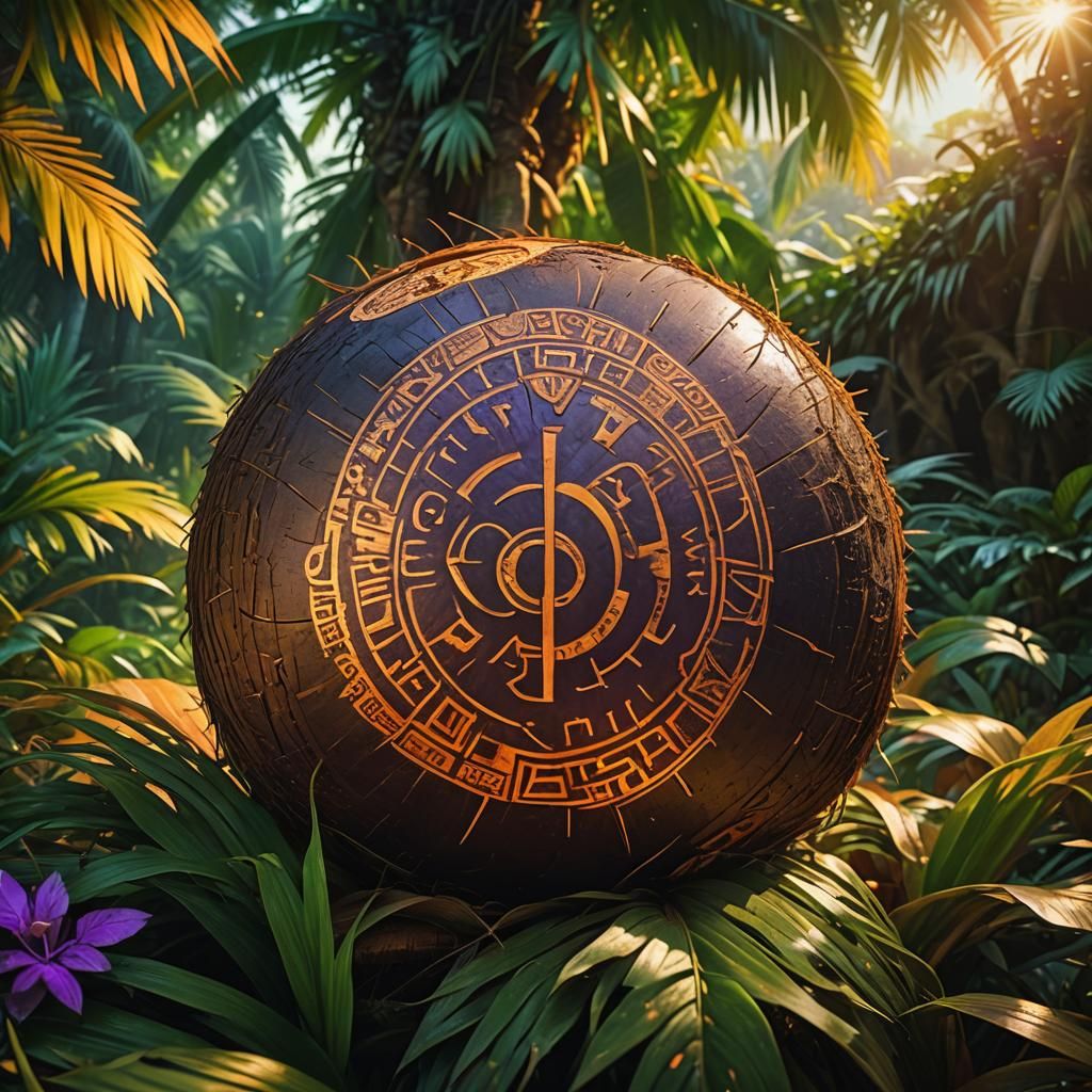 Mystical Coconut with Glowing Runes, Fantasy Concept Art