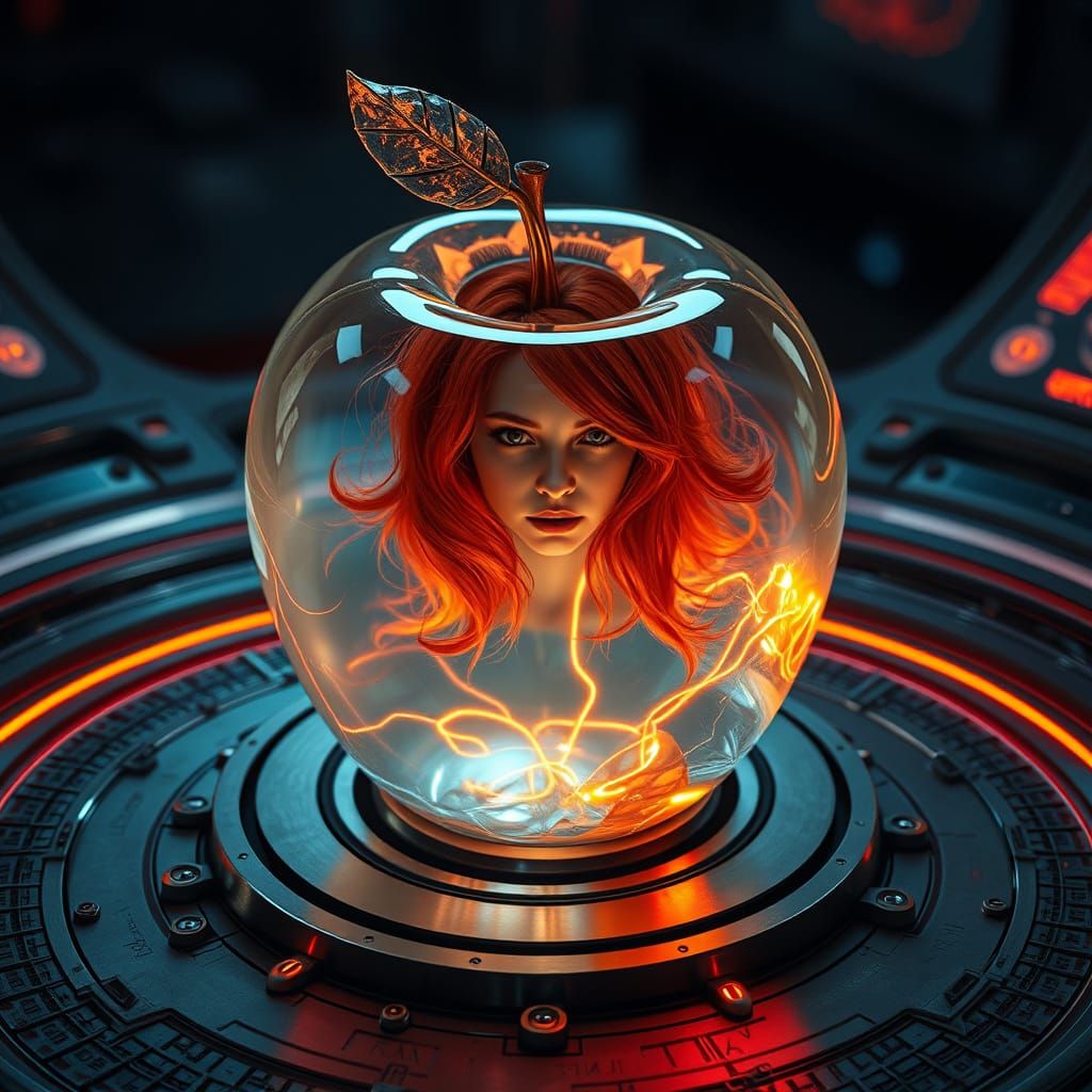 Futuristic Crystal Apple with Suspended Redhead
