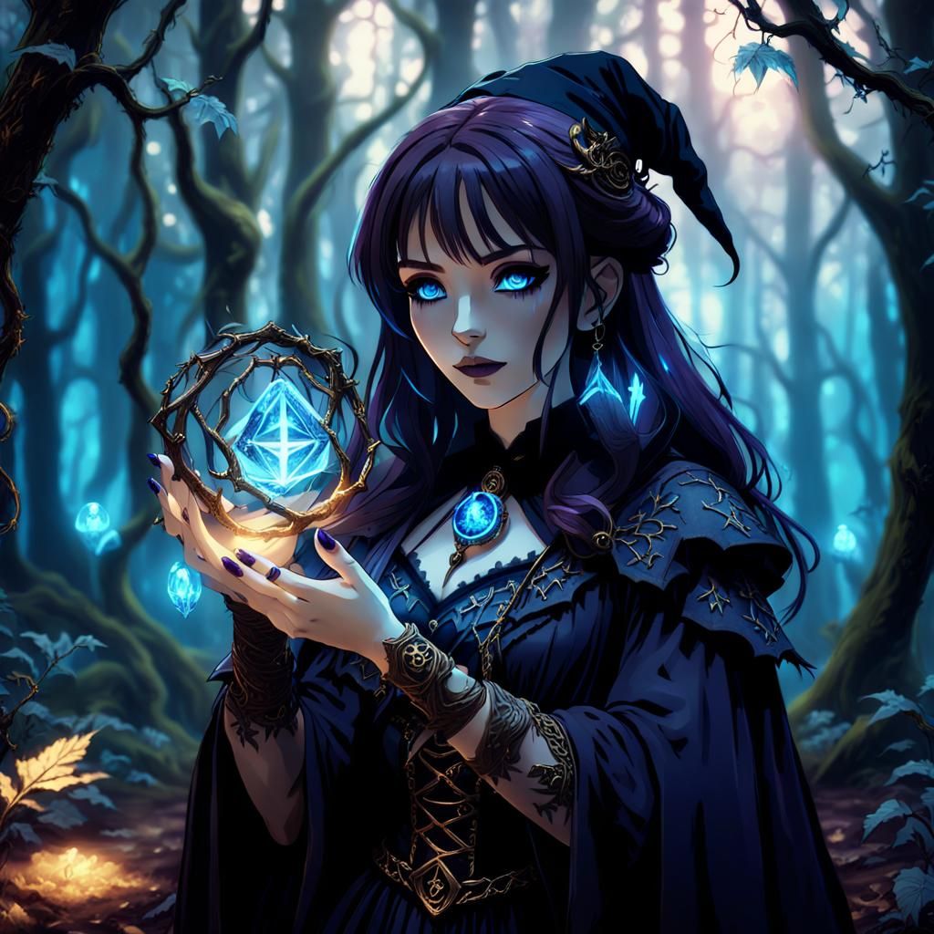 Fantasy Goth Witch with Artifact in Anime Style