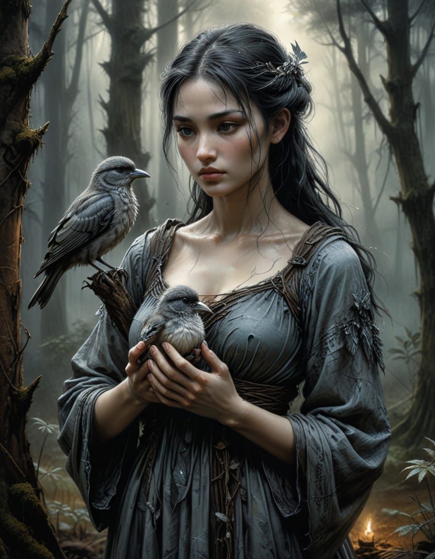 Mother and Ethereal Bird: Charcoal Drawing