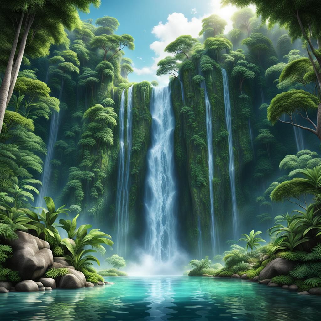 Lush Waterfall and Lagoon in 3D Illustration