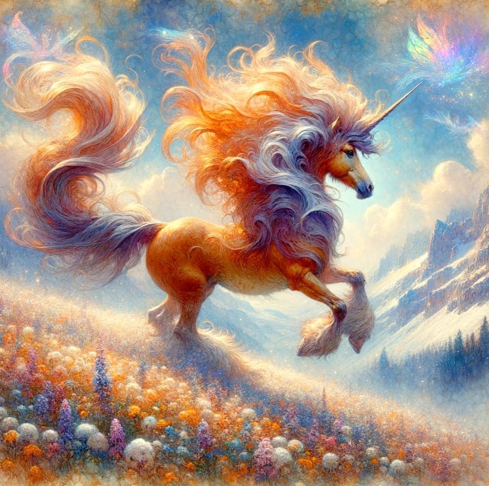 Gentle Amber Unicorn in Whimsical Watercolor Landscape