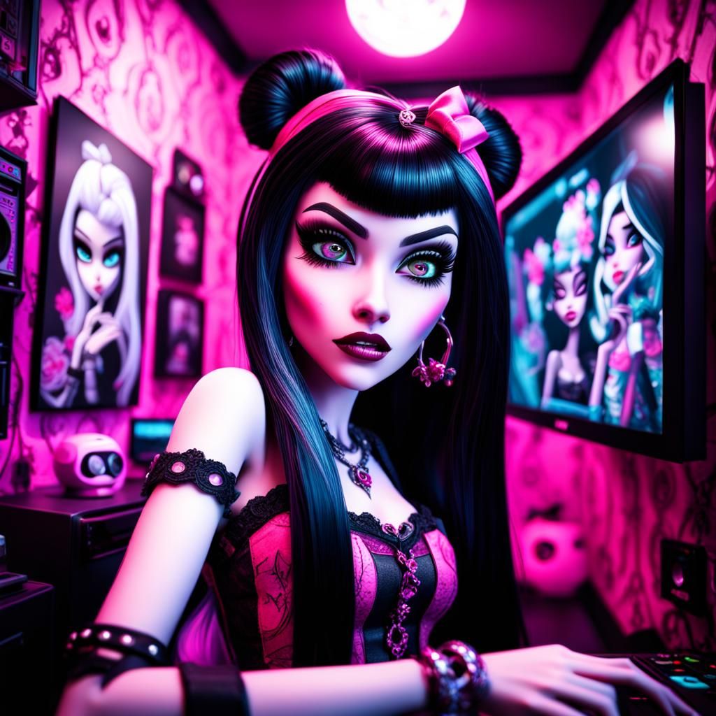emo draculaura monster high playing video games pink bedroom grunge