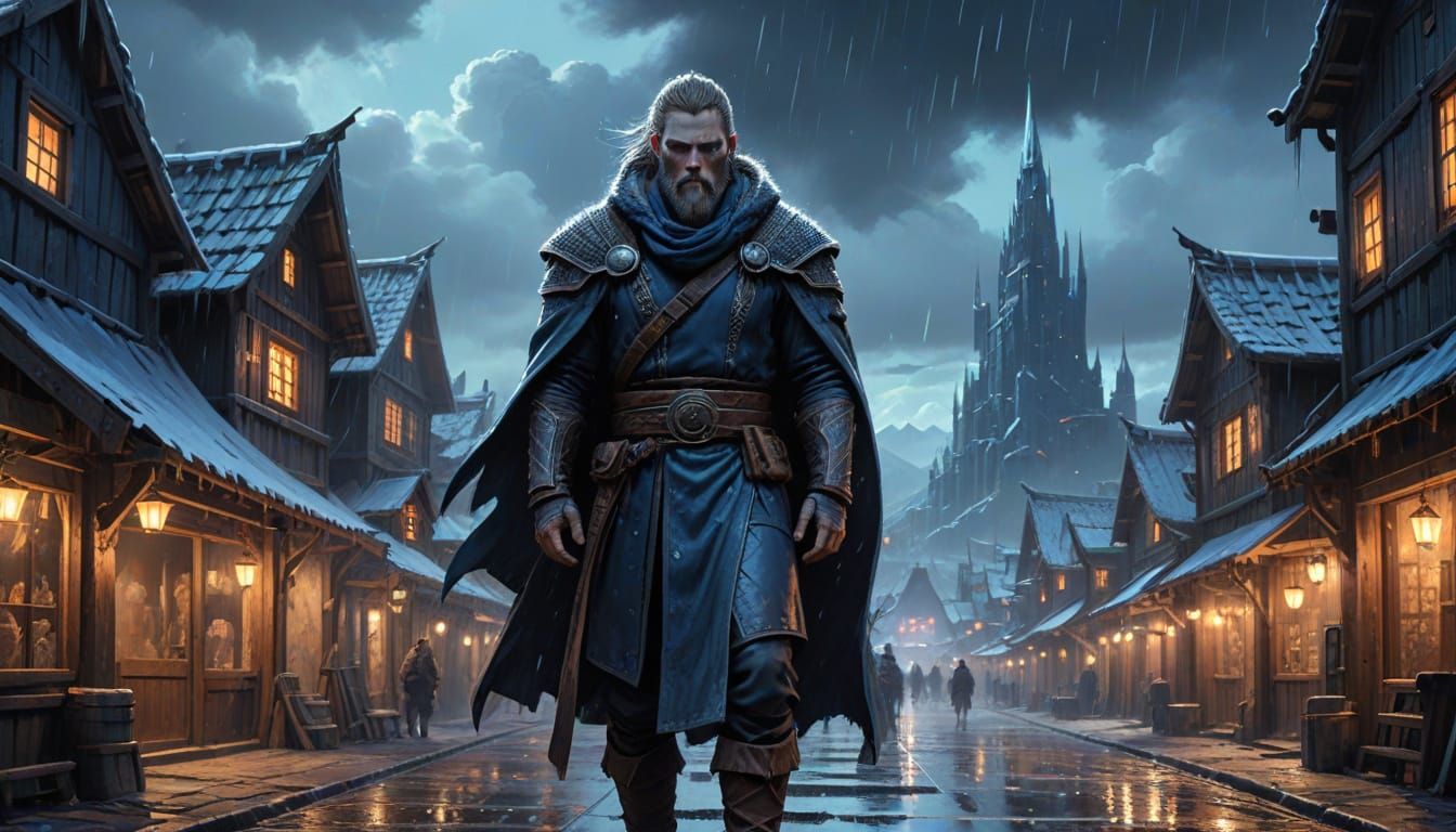 Resilient Viking Warrior in Cyberpunk Nordic Village