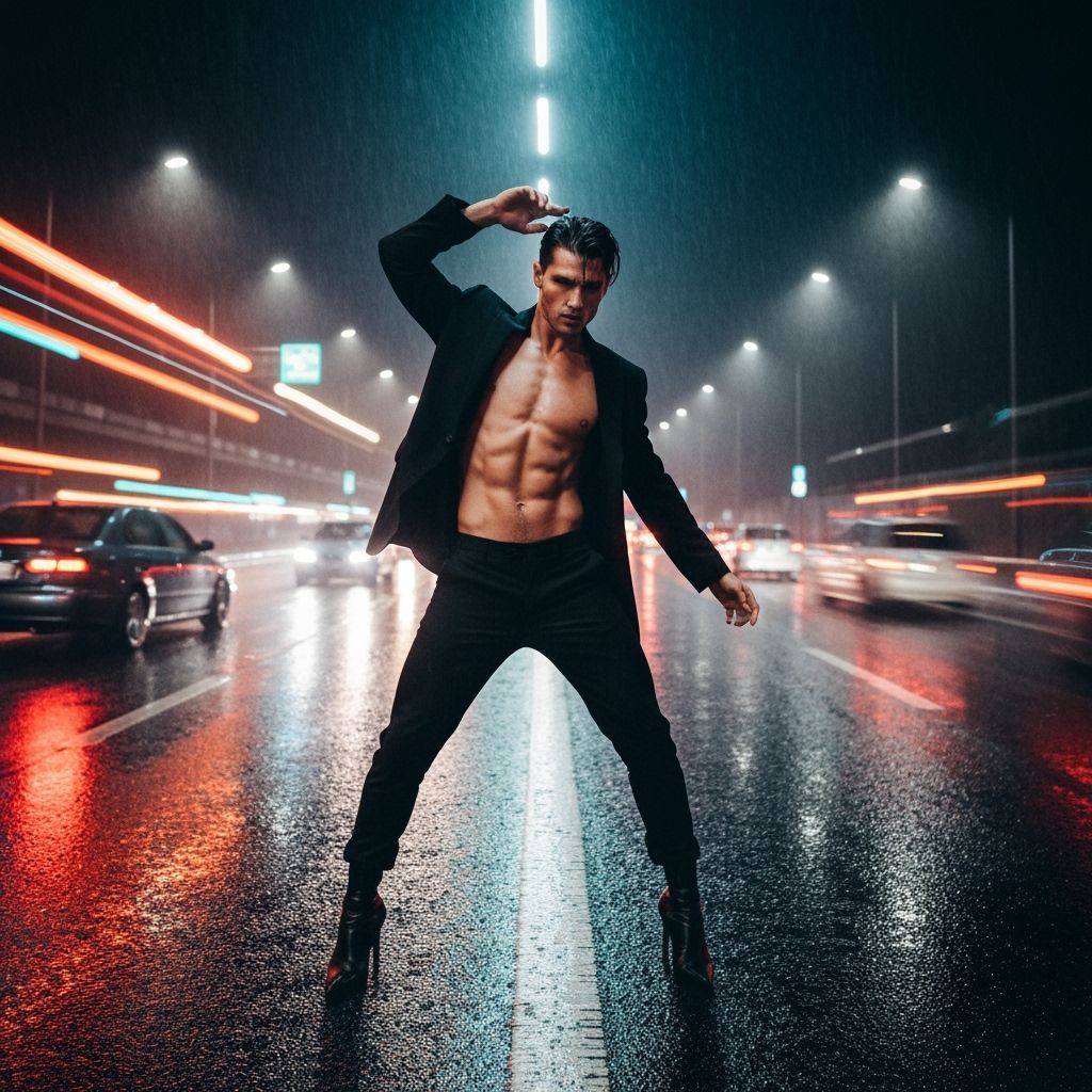 Shirtless Man Voguedrops on Rainy Highway at Night