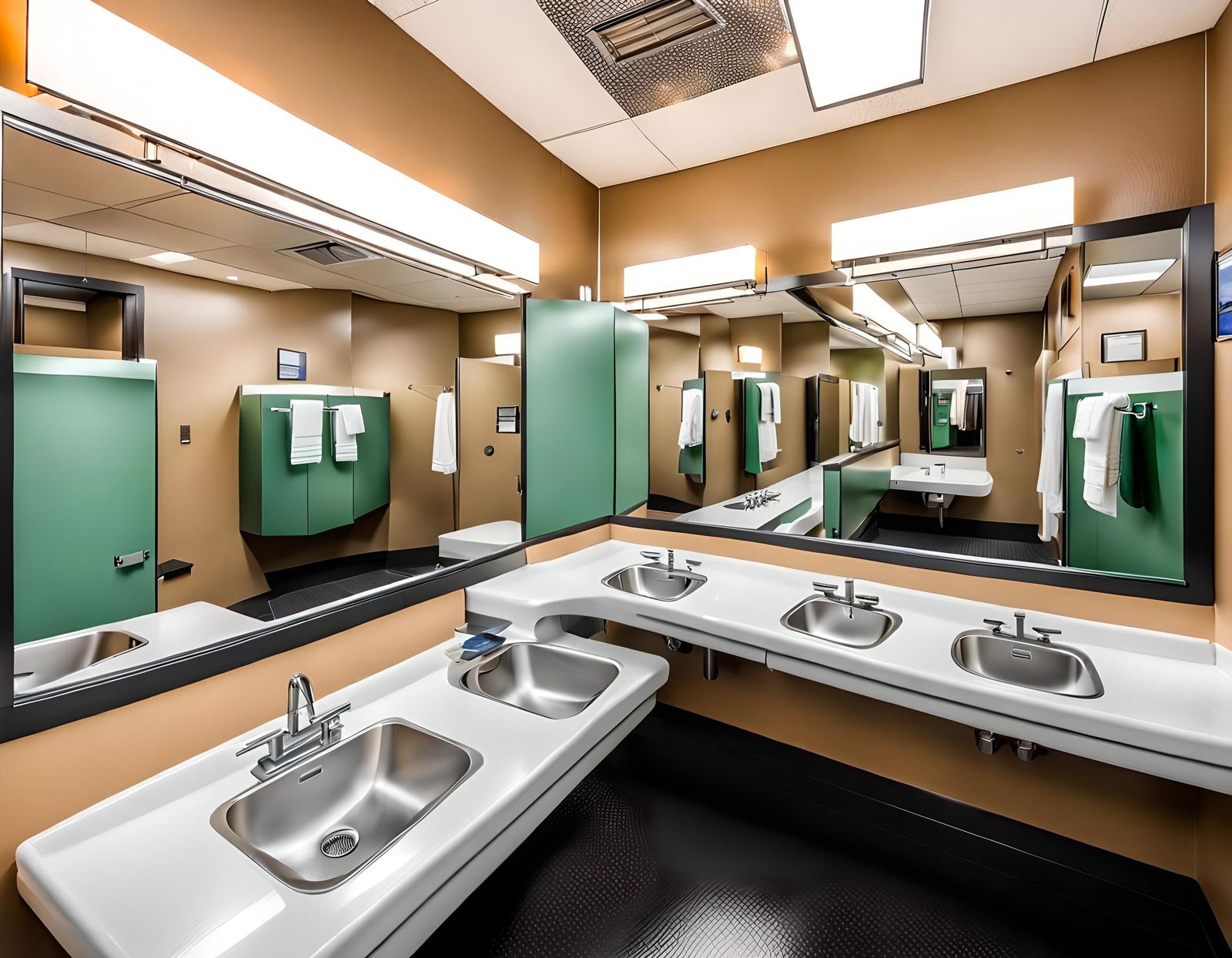 Clean Work Bathroom Interior with Stalls and Mirrors