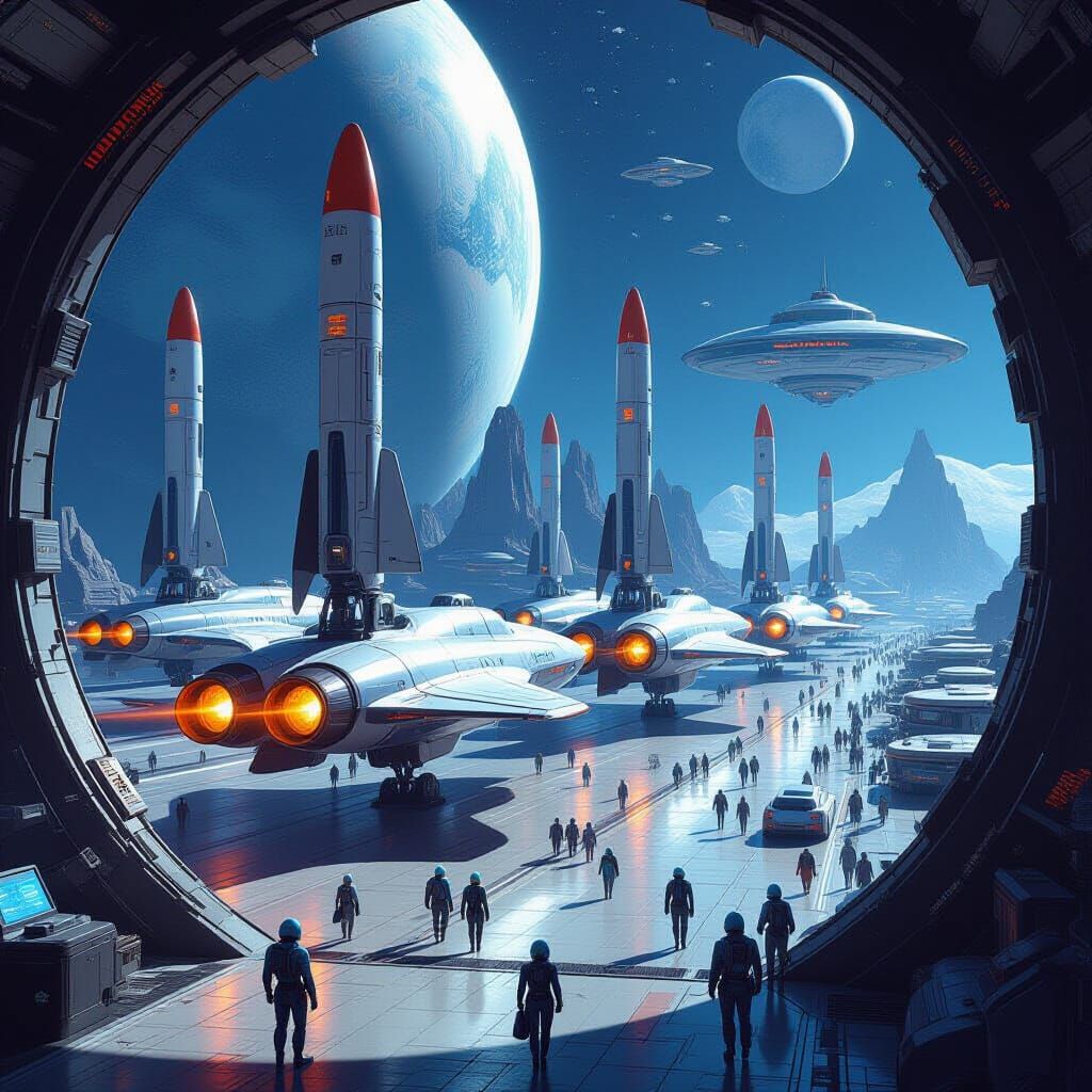 Bustling Alien Spaceport with Futuristic Rockets