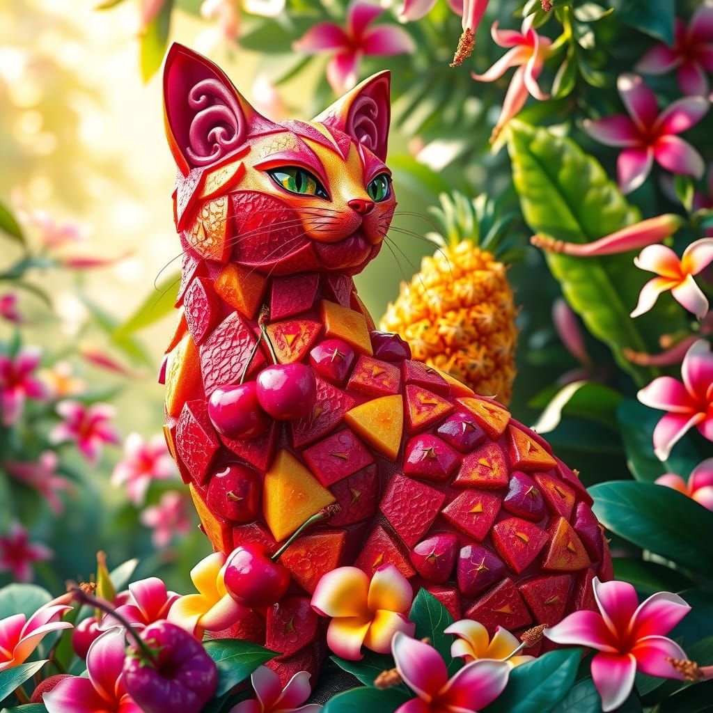 Surreal Feline Fruit Sculpture in a Vibrant Jungle Landscape