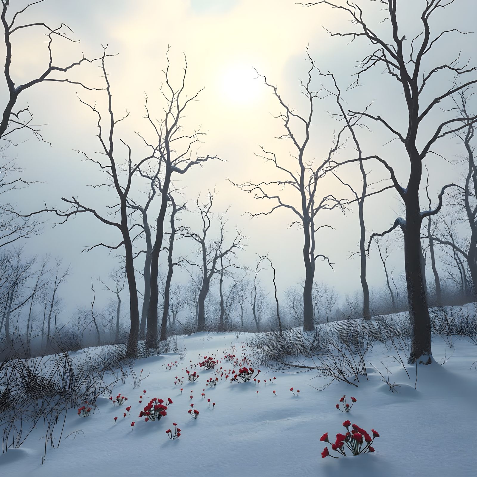Winter Landscape with Red Flowers and Silhouetted Trees