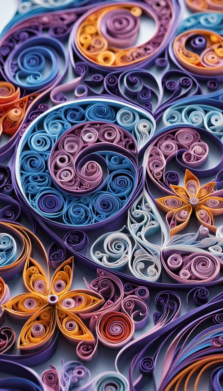 Intricate Quilled Heart Artwork in Vibrant Fractal Patterns