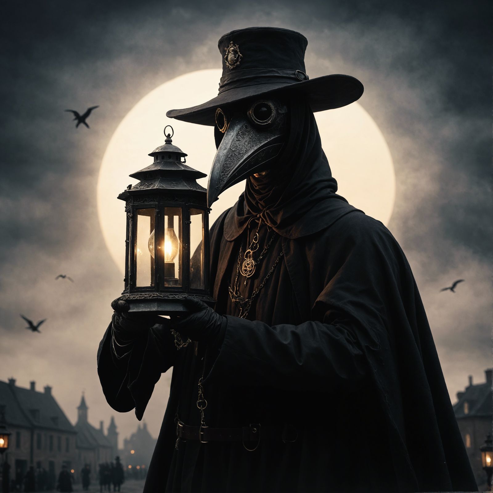 Dramatic Plague Doctor with Lantern in Cinematic Style