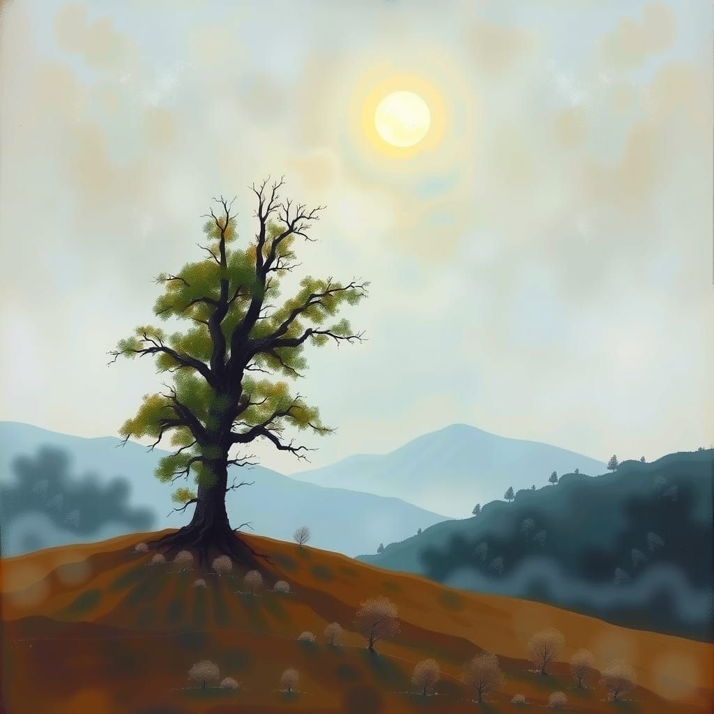 Serene 19th-Century Romantic Landscape with Lone Tree Under ...