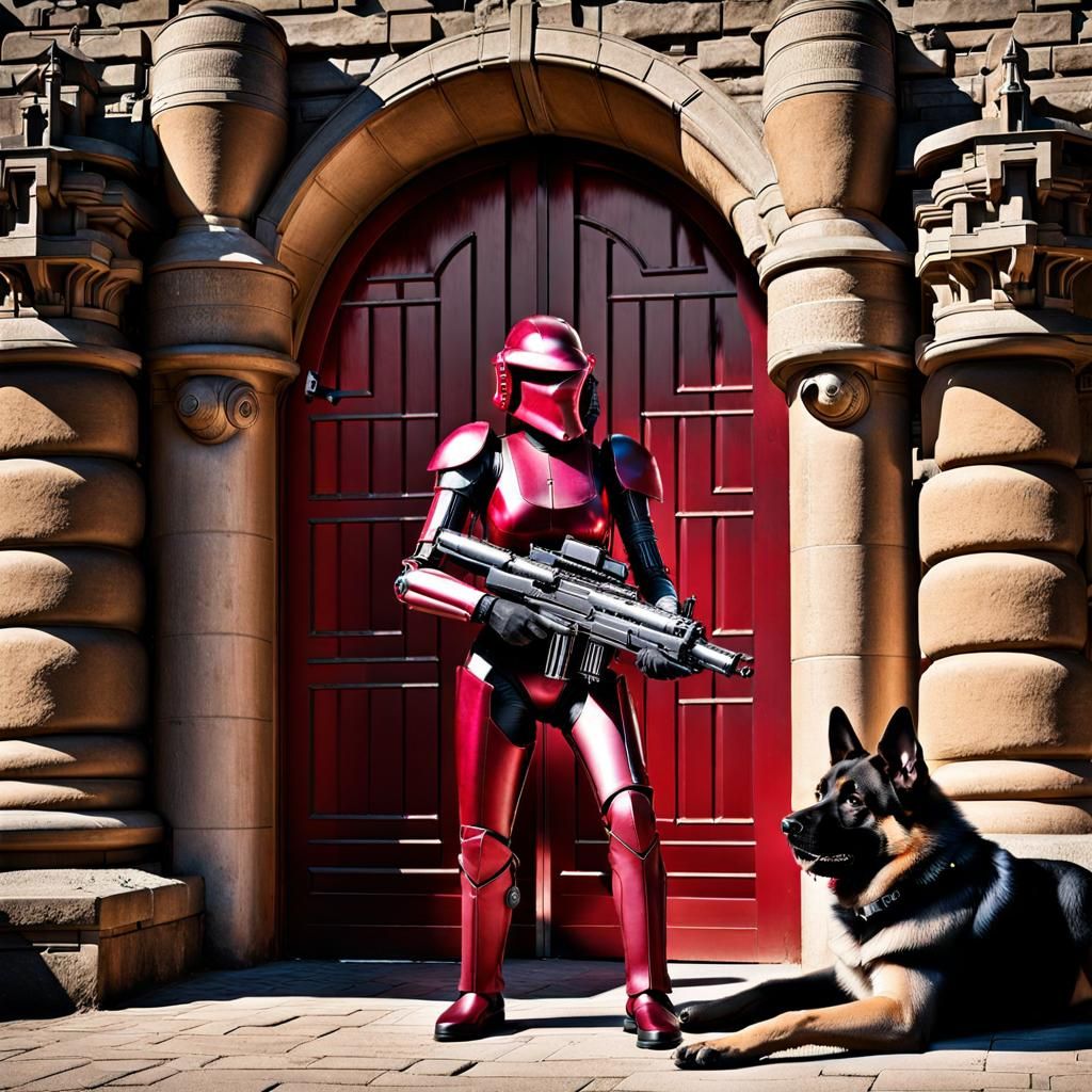 female cylon guarding a castle gate