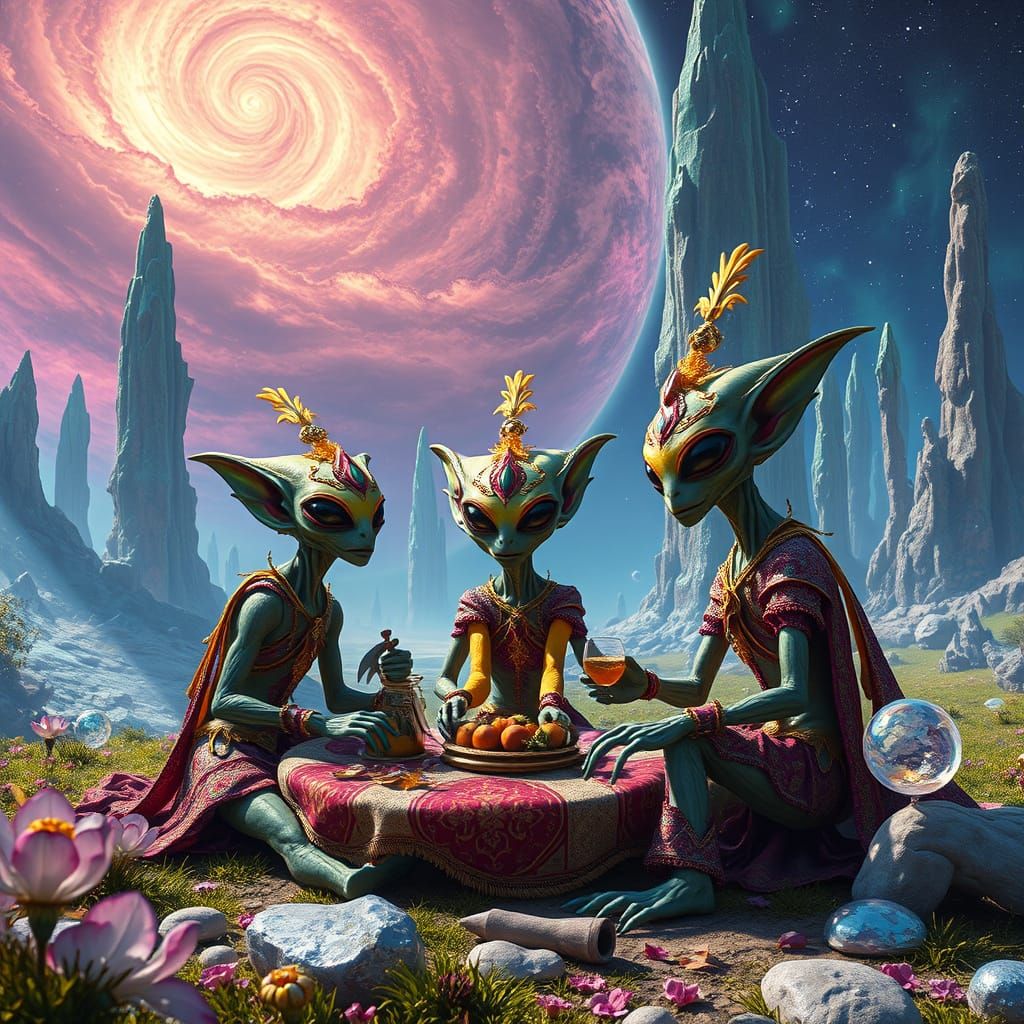 Alien Picnic on Iridescent Planet in Retro Sci-Fi Style