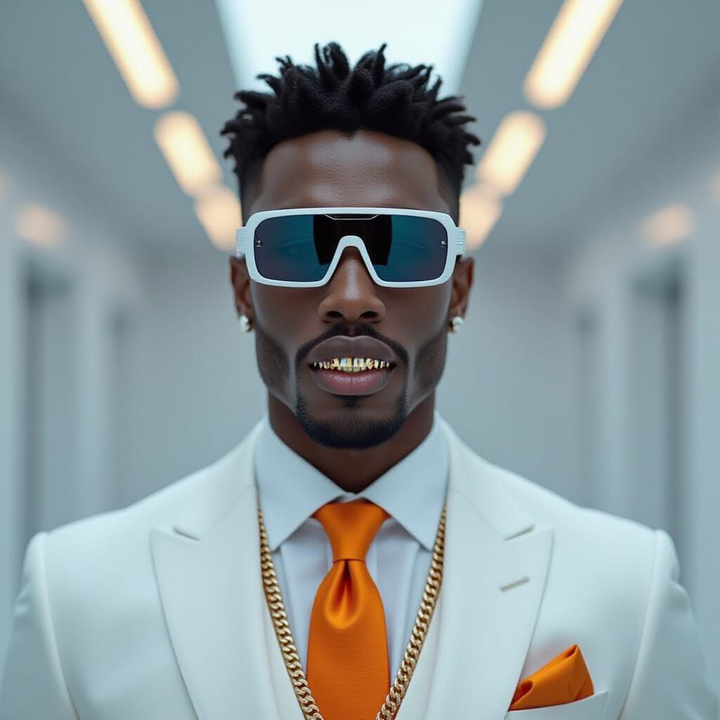 Futuristic Black Model in Neon Noir Urban Setting