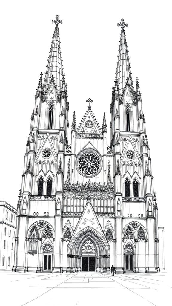 Gothic Cathedral Architectural Pen Sketch in 3-Point Perspec...