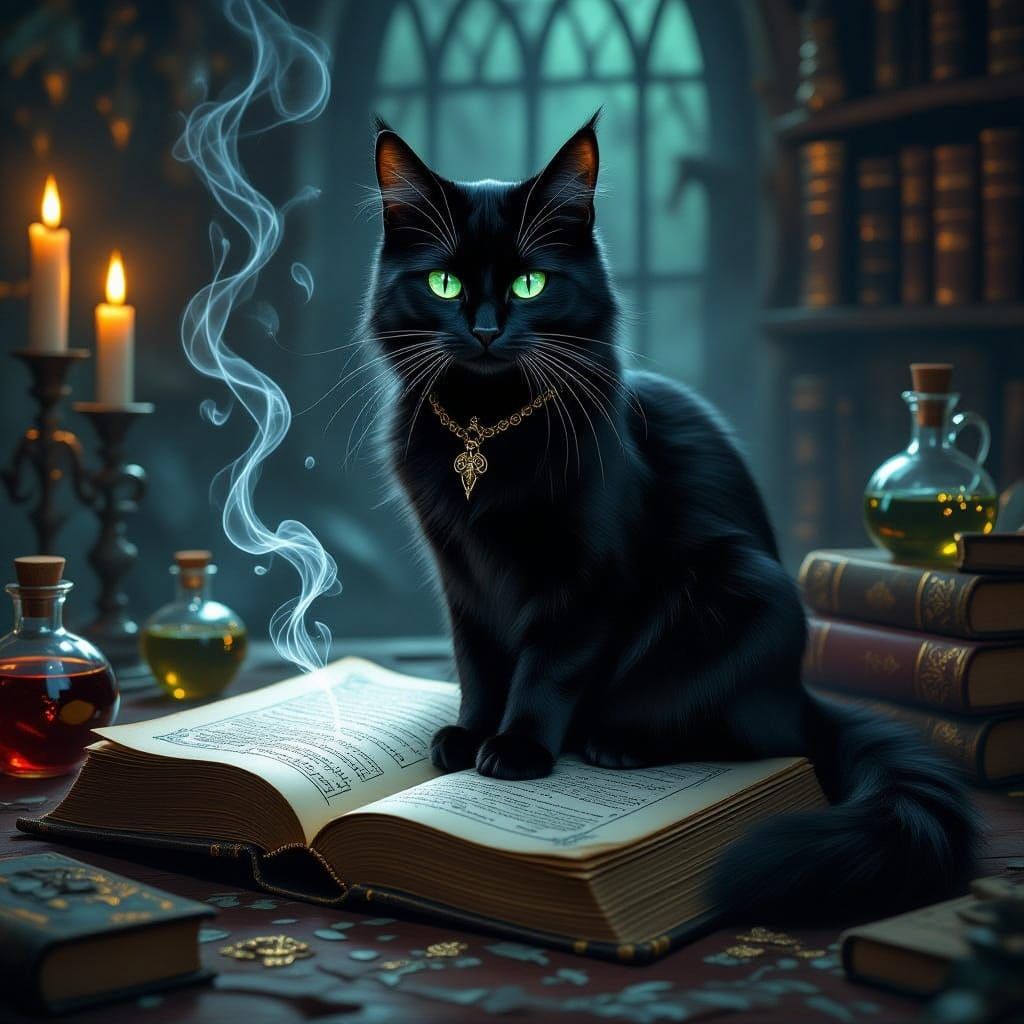 Black Cat on Grimoire in Dark Fantasy Style