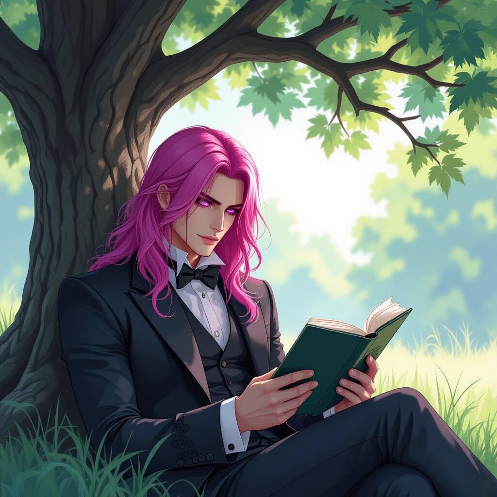 Gothic Man Reading Under Oak Tree in Alcohol Ink Style