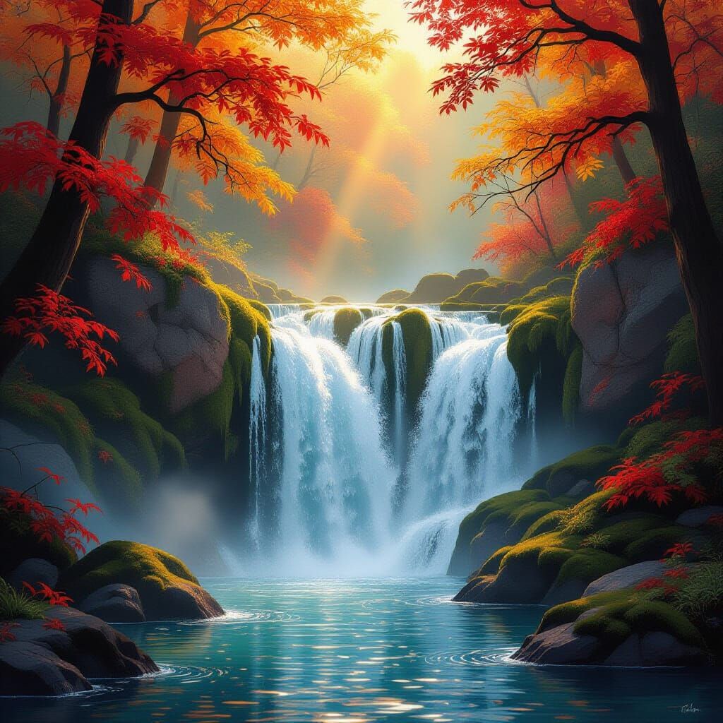 Ethereal Autumn Waterfall in Storybook Style
