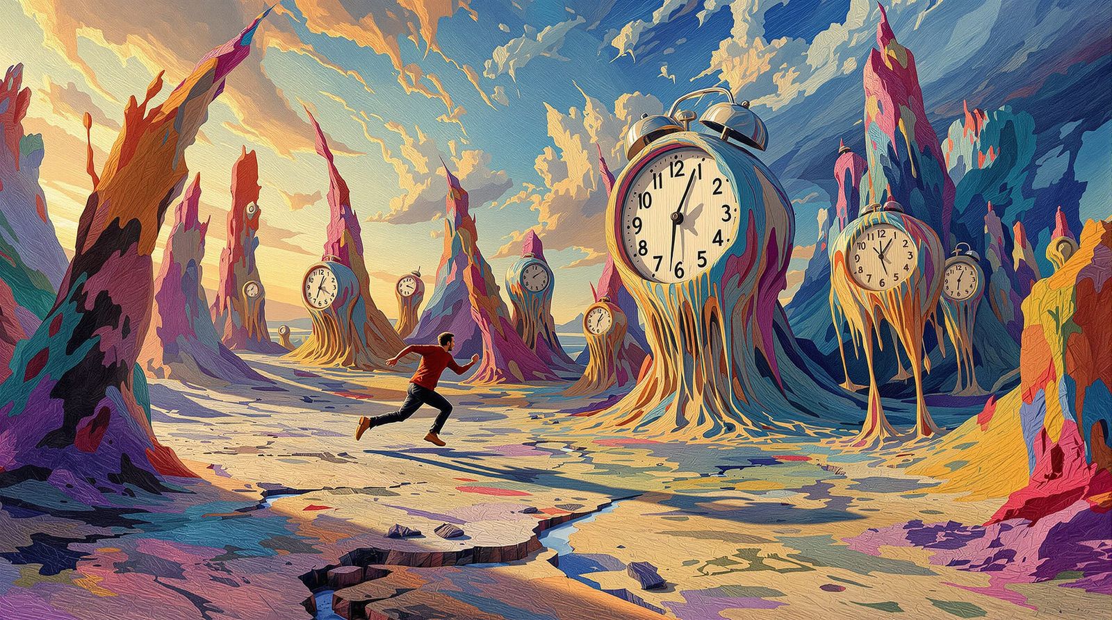 Man Pursues Melting Clocks in Surreal Oil Paint Landscape