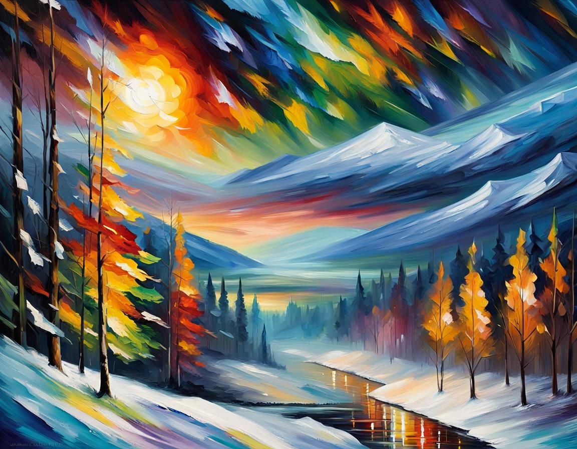 Aurora Borealis in Impasto Style Over Snowy Valley