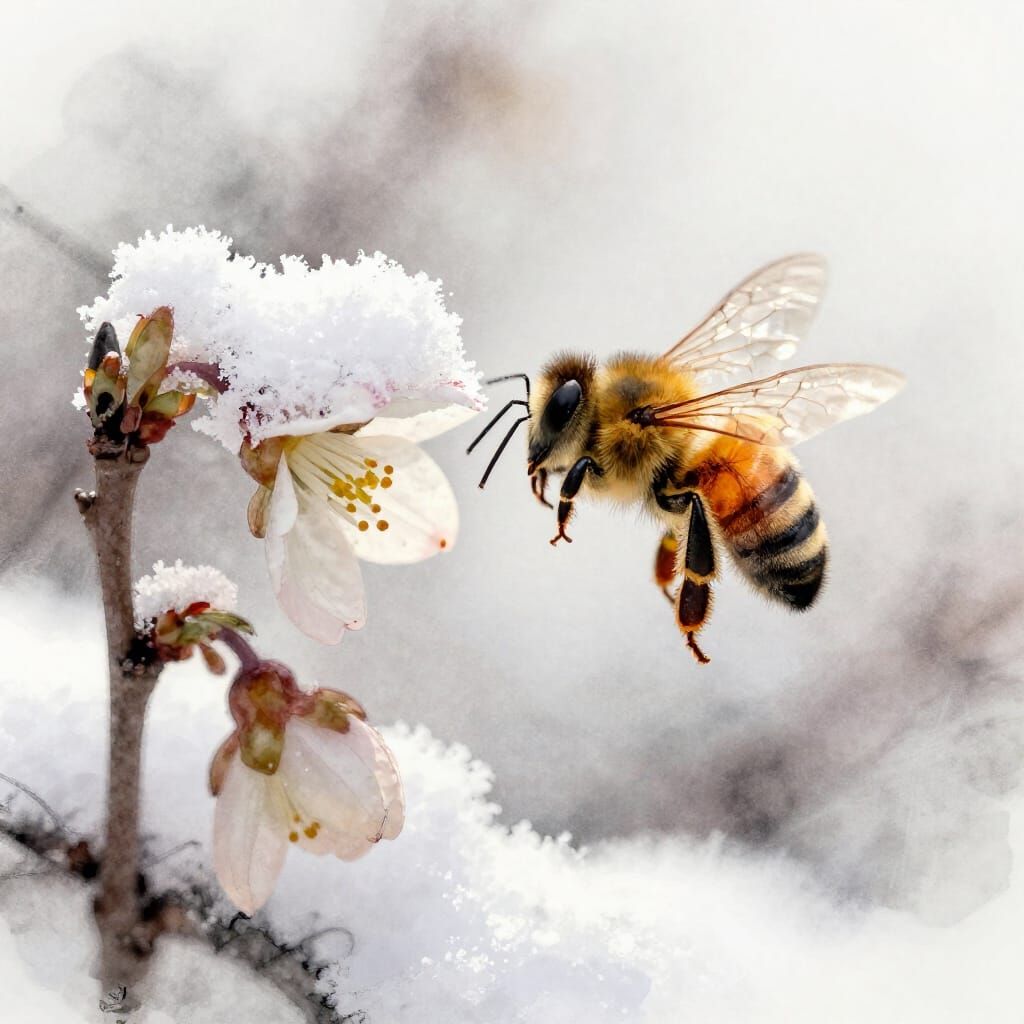 Winter Bee Greets First Flower in Watercolour Style