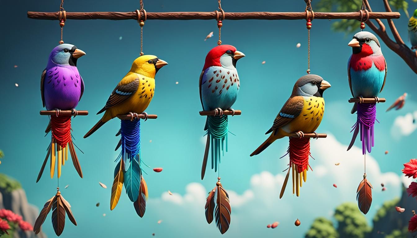 Detailed Wind Chimes with Finches in 3D Game Style