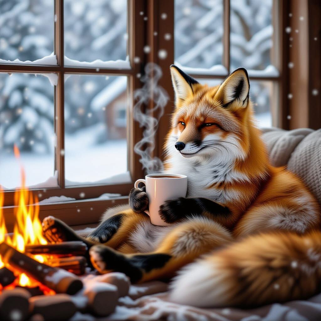 Cozy Fox Relaxing by Fire in Hyperrealism
