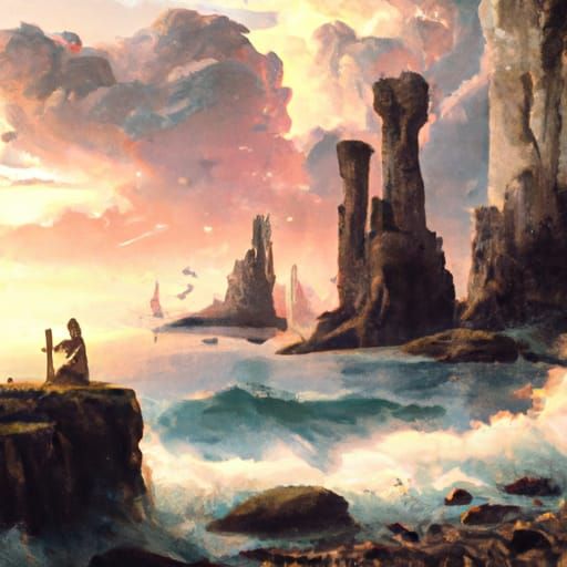 Monoliths at Sunrise: Parrish-Inspired Seascape