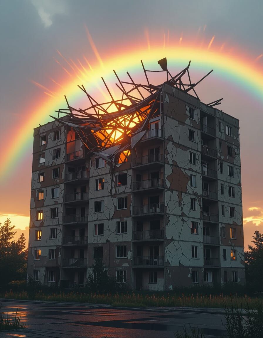rainbow exploding through the roof of dilapidated apartment ...