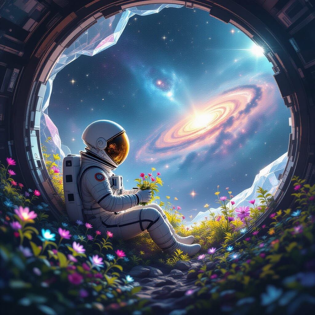 Astronaut Tends Cosmic Garden in Crystalline Spaceship