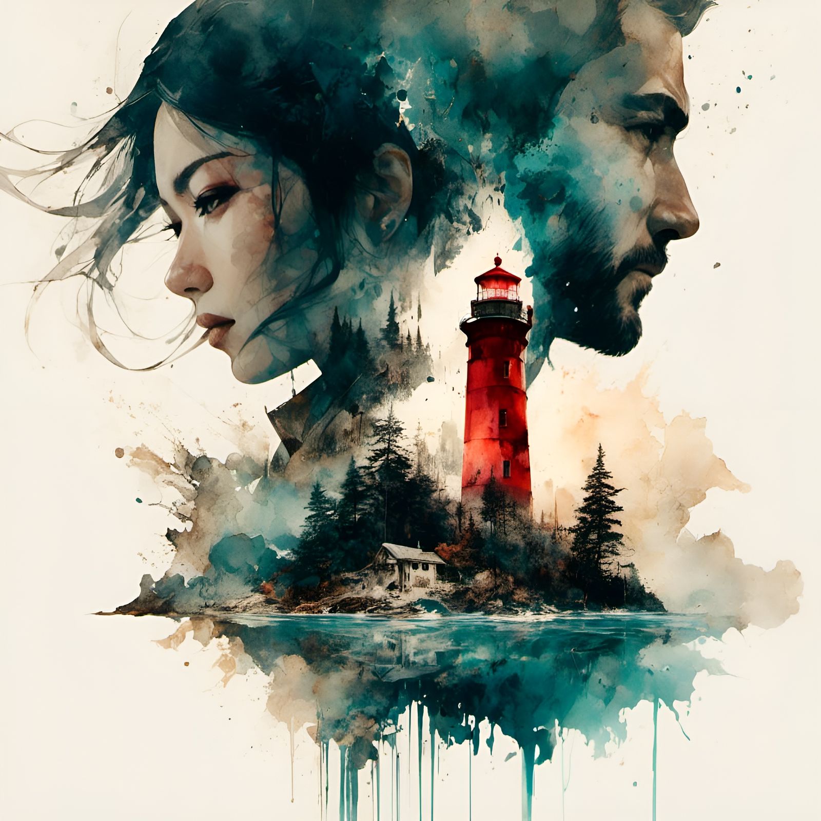 Watercolor Double Exposure Portrait of Couple and Lighthouse
