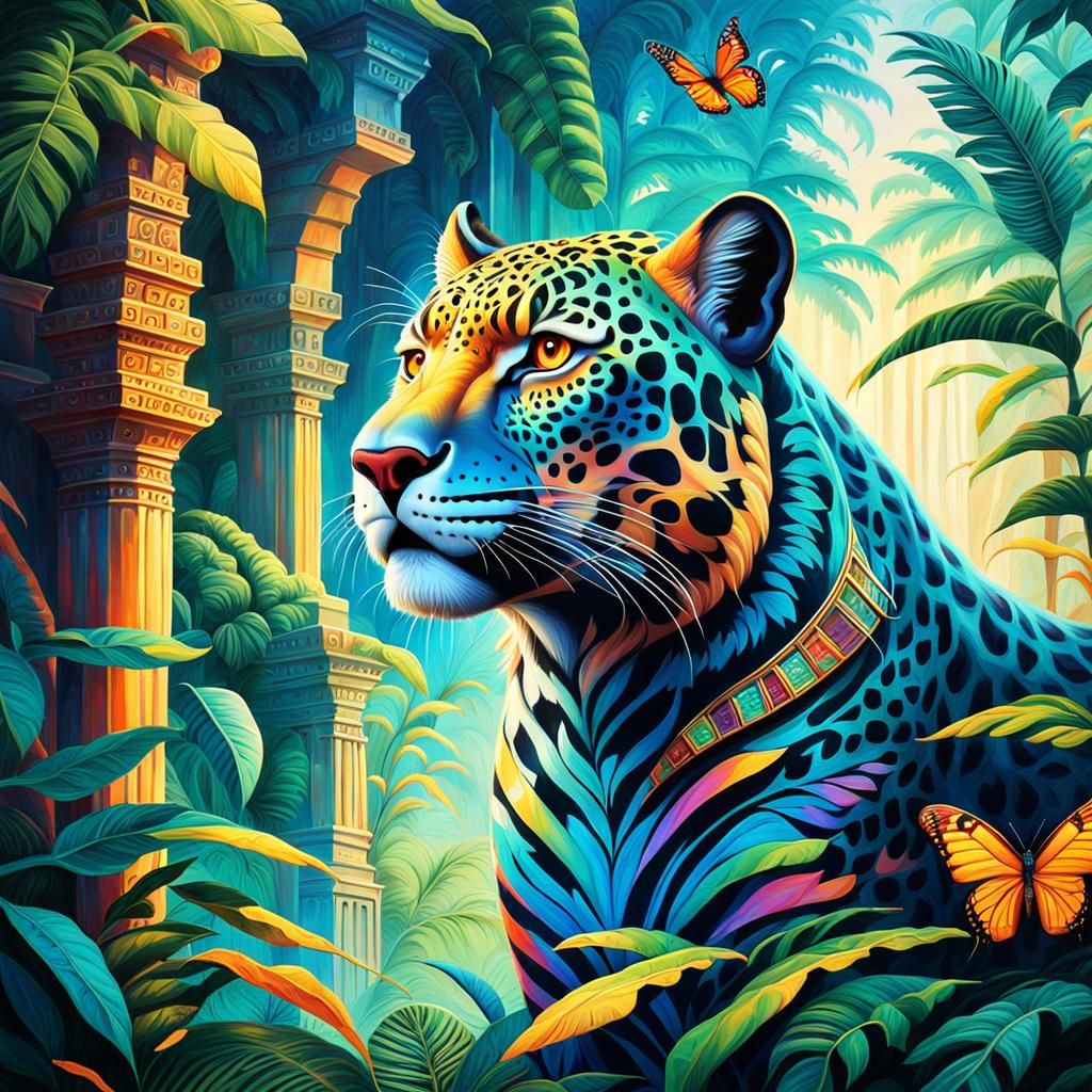 Surreal Jungle Jaguar Roaring in Golden Light