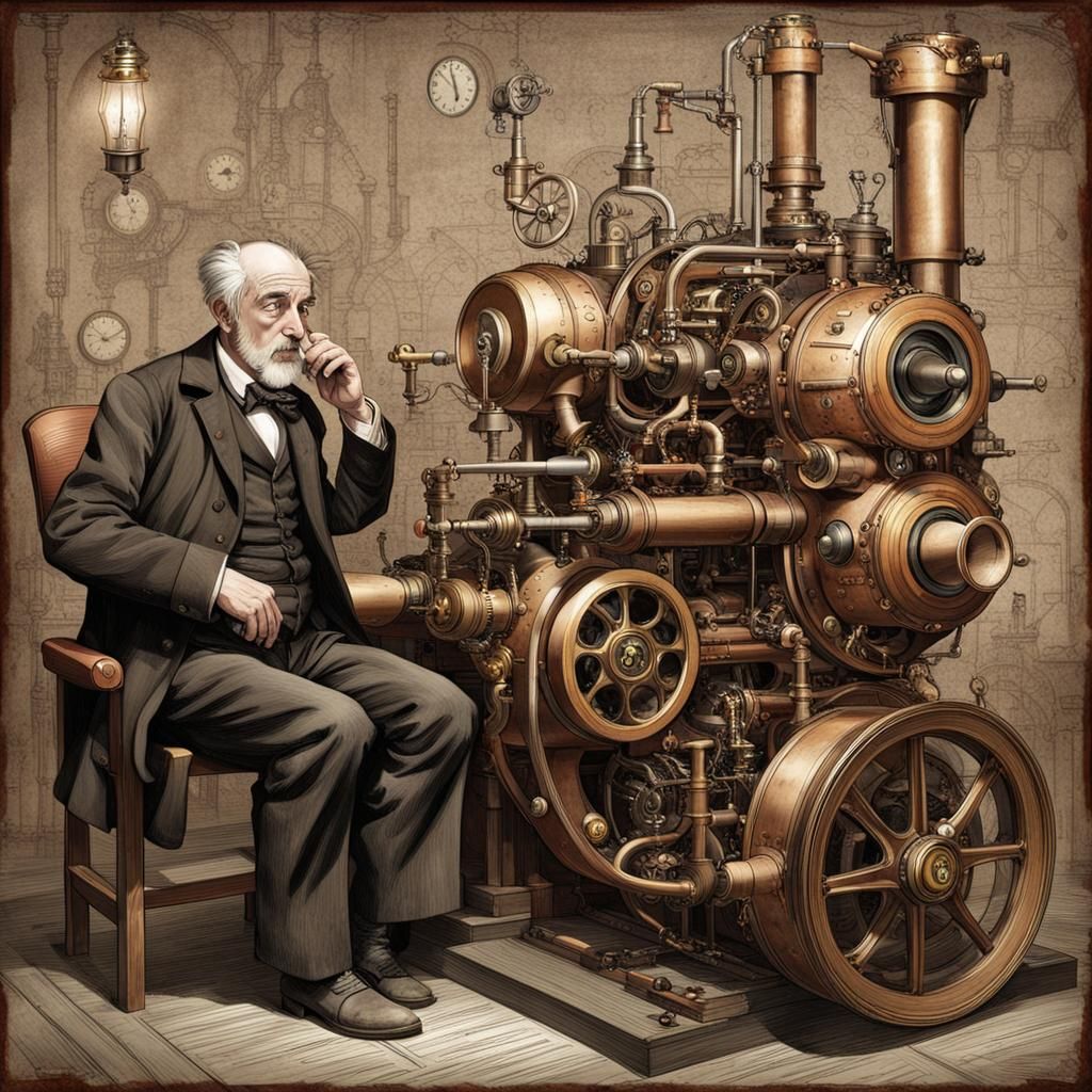 Steampunk Machine and Inventor in Victorian Style