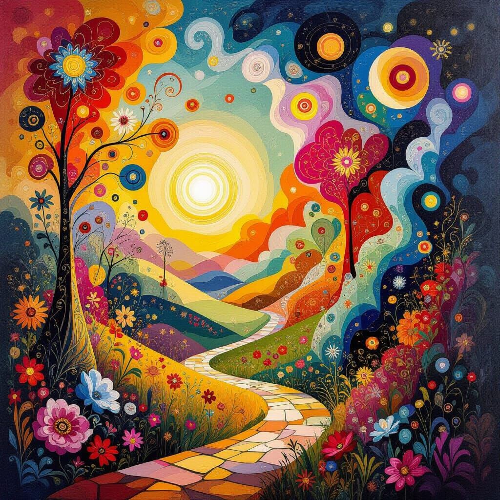 Surreal Landscape Painting with Abstract Shapes and Golden H...