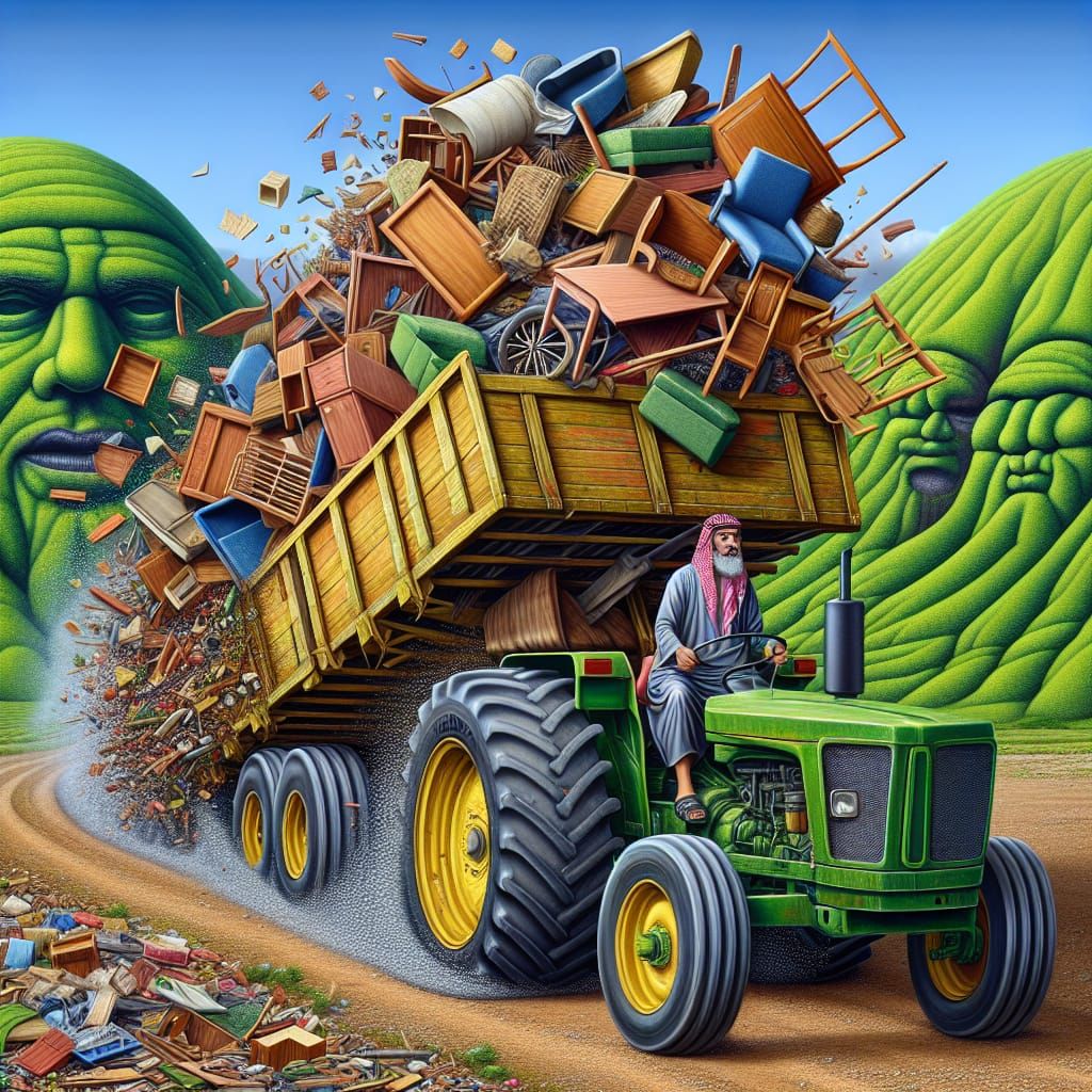 Realistic Scene of a Tractor Discarding Furniture in a Vibra...