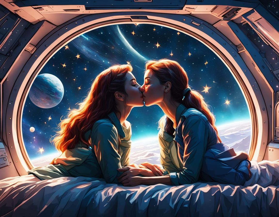 Girls Kissing in Spaceship with Starry View