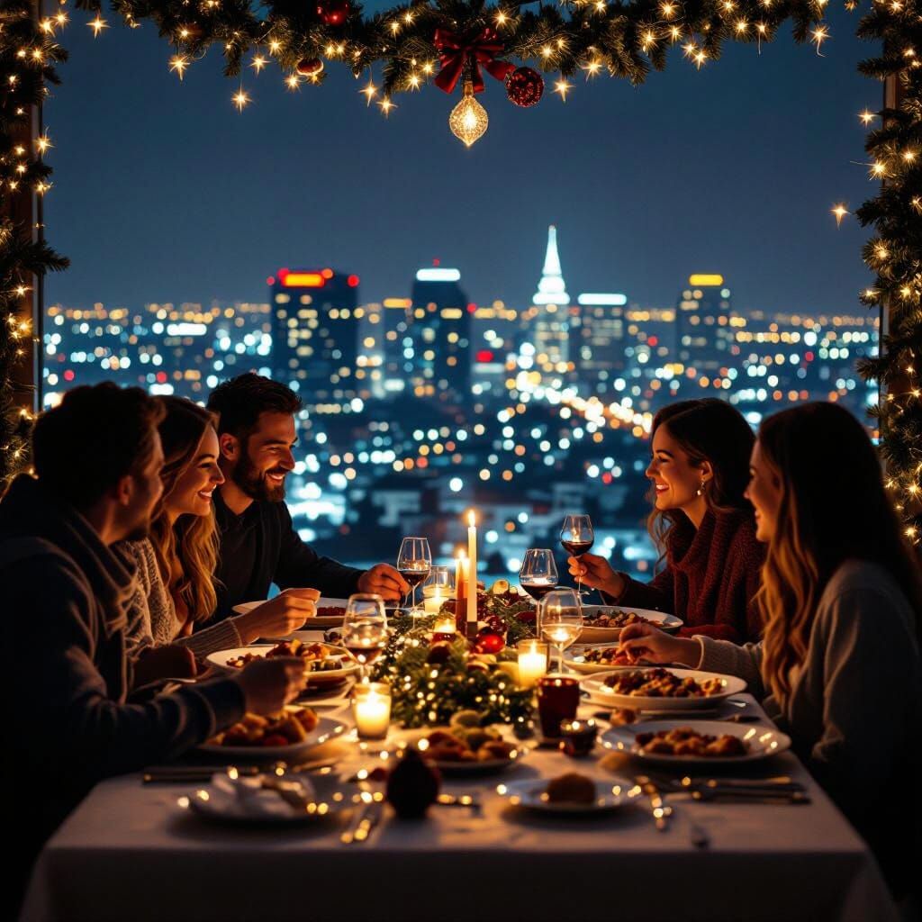 Joyful Christmas Dinner with Cityscape Background