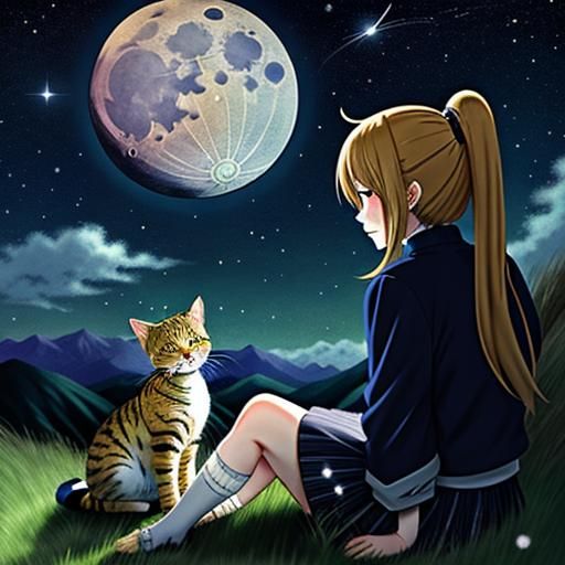 Sad Anime Girl and Cat Gazing at Moon